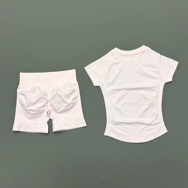 Women's 2-Piece Seamless Workout Set – Short Sleeve Crop Top & High Waist Gym Shorts Activewear