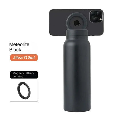 Black insulated water bottle with magnetic phone holder for fitness