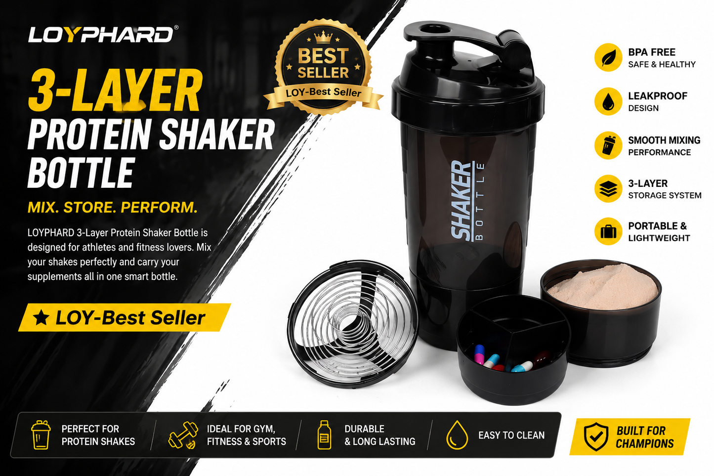 LOYPHARD 3-Layer Protein Shaker Bottle – Leakproof Mixing Cup for Gym, Fitness & Bodybuilding.