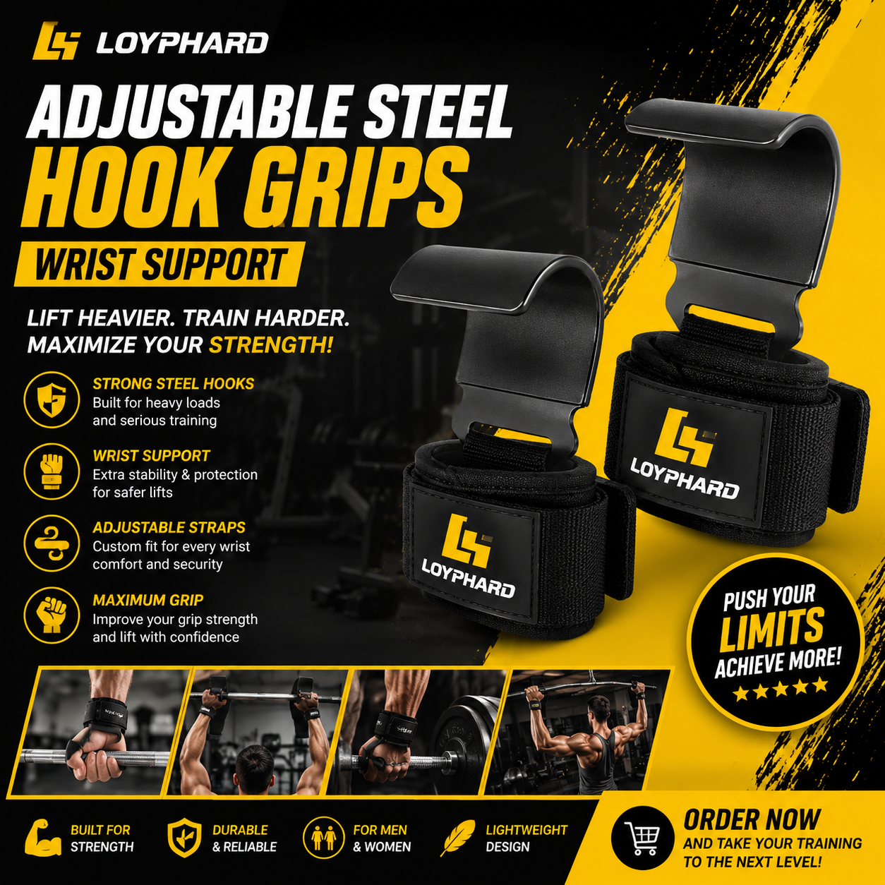 LOYPHARD Adjustable Steel Hook Grips Wrist Support for Weight Lifting & Gym Training.