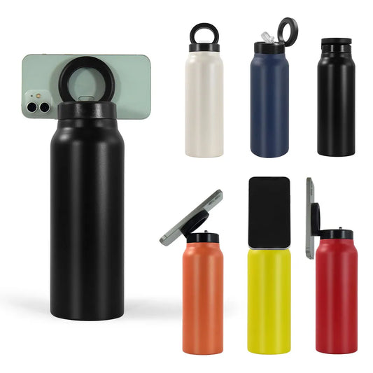 Insulated sports water bottle with magnetic phone holder for gym workouts