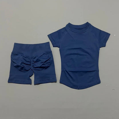 Women's 2-Piece Seamless Workout Set – Short Sleeve Crop Top & High Waist Gym Shorts Activewear