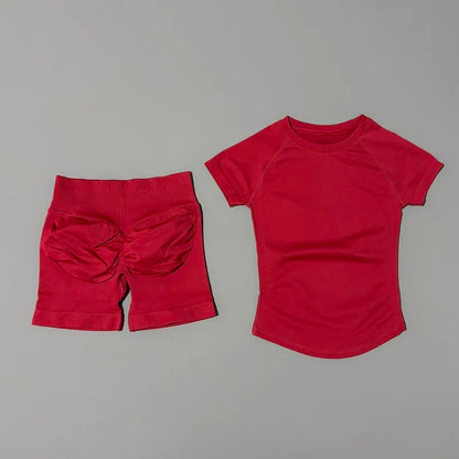 Women's 2-Piece Seamless Workout Set – Short Sleeve Crop Top & High Waist Gym Shorts Activewear