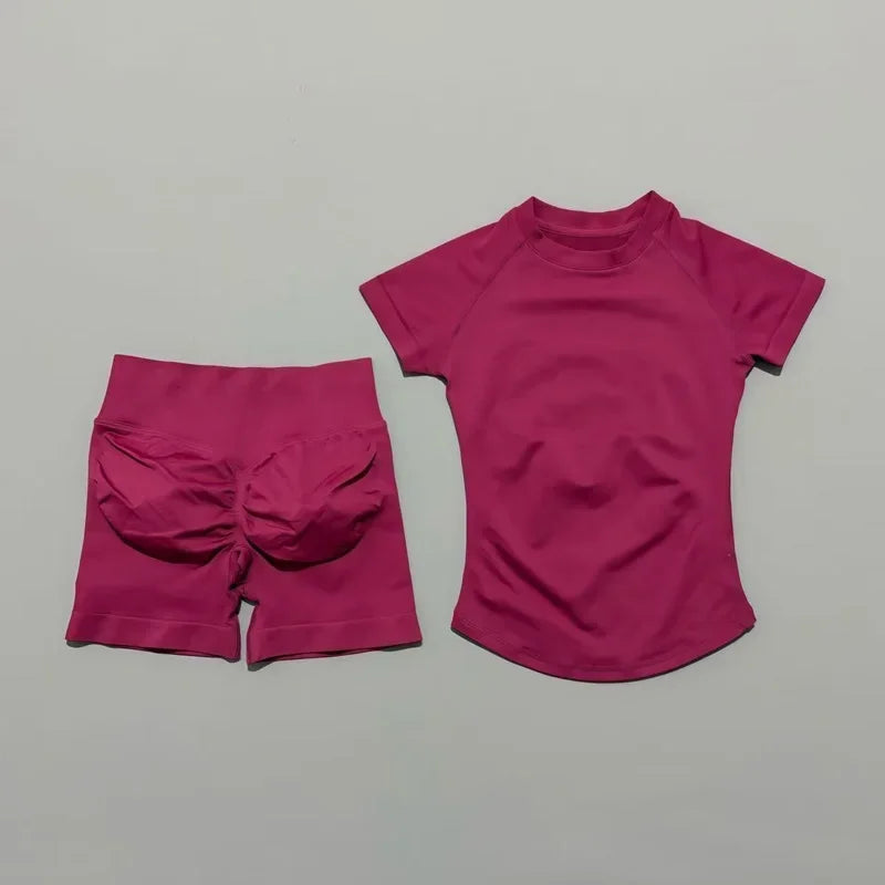 Women's 2-Piece Seamless Workout Set – Short Sleeve Crop Top & High Waist Gym Shorts Activewear