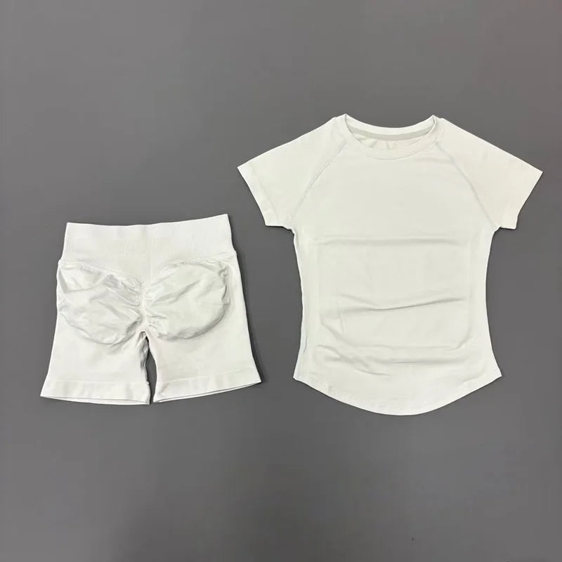 Women's 2-Piece Seamless Workout Set – Short Sleeve Crop Top & High Waist Gym Shorts Activewear