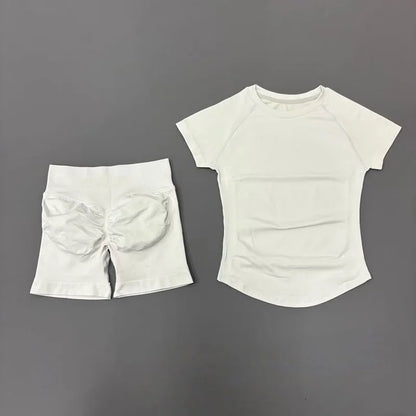 Women's 2-Piece Seamless Workout Set – Short Sleeve Crop Top & High Waist Gym Shorts Activewear