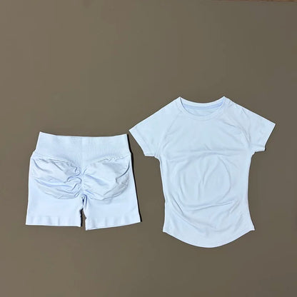Women's 2-Piece Seamless Workout Set – Short Sleeve Crop Top & High Waist Gym Shorts Activewear
