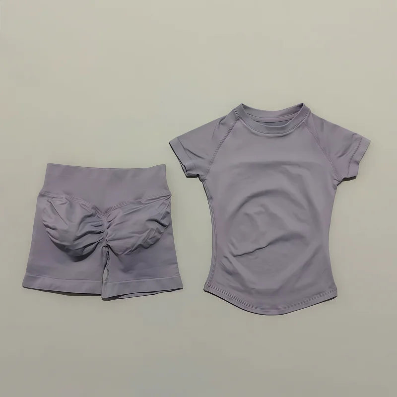 Women's 2-Piece Seamless Workout Set – Short Sleeve Crop Top & High Waist Gym Shorts Activewear