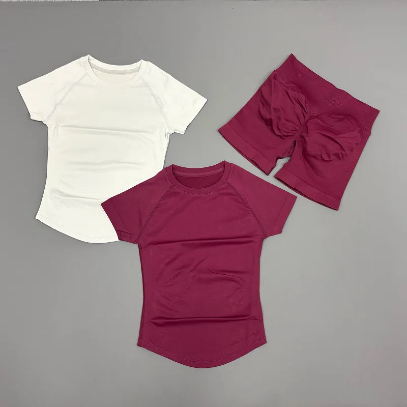Women's 2-Piece Seamless Workout Set – Short Sleeve Crop Top & High Waist Gym Shorts Activewear