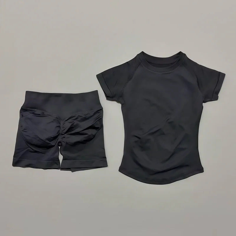 Women's 2-Piece Seamless Workout Set – Short Sleeve Crop Top & High Waist Gym Shorts Activewear