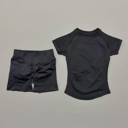 Women's 2-Piece Seamless Workout Set – Short Sleeve Crop Top & High Waist Gym Shorts Activewear