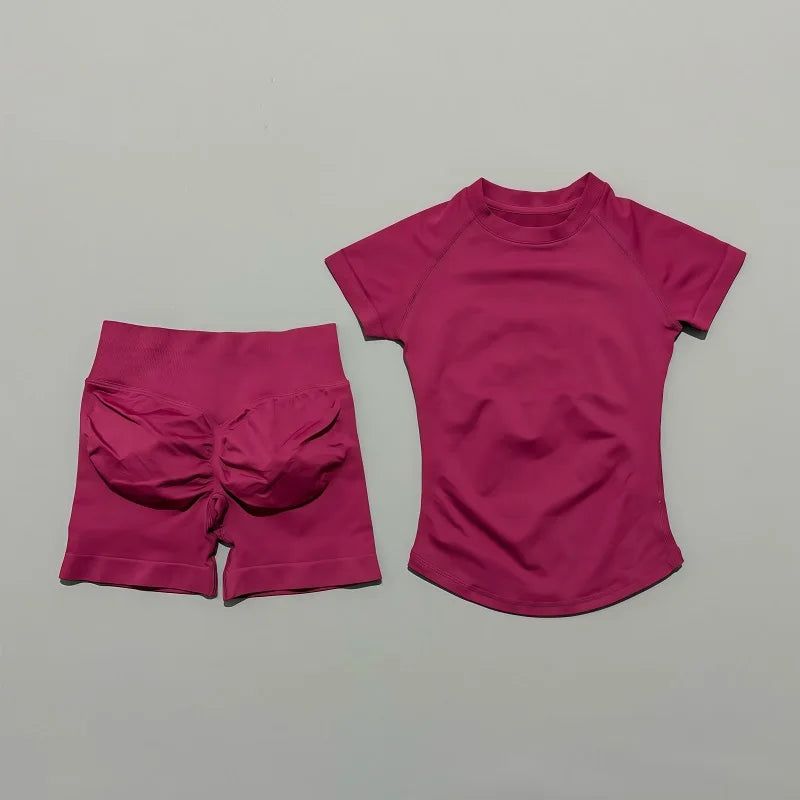 Women's 2-Piece Seamless Workout Set – Short Sleeve Crop Top & High Waist Gym Shorts Activewear
