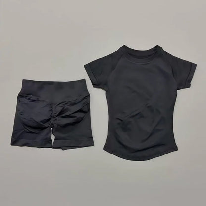 Women's 2-Piece Seamless Workout Set – Short Sleeve Crop Top & High Waist Gym Shorts Activewear