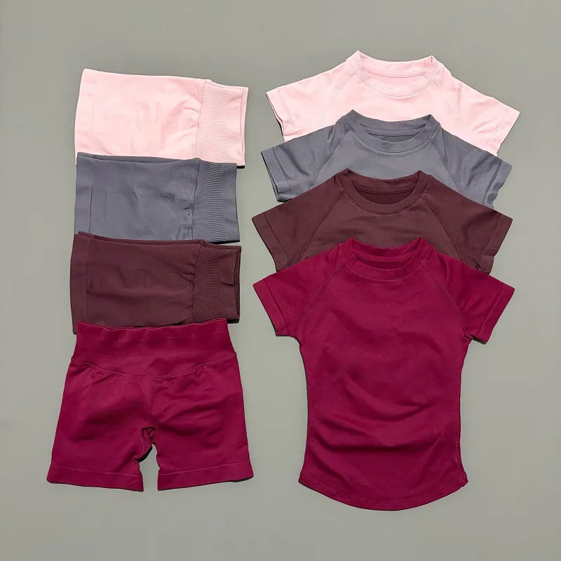 Women's 2-Piece Seamless Workout Set – Short Sleeve Crop Top & High Waist Gym Shorts Activewear