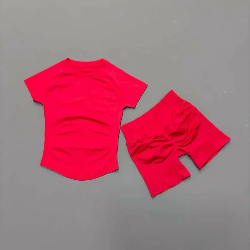 Women's 2-Piece Seamless Workout Set – Short Sleeve Crop Top & High Waist Gym Shorts Activewear