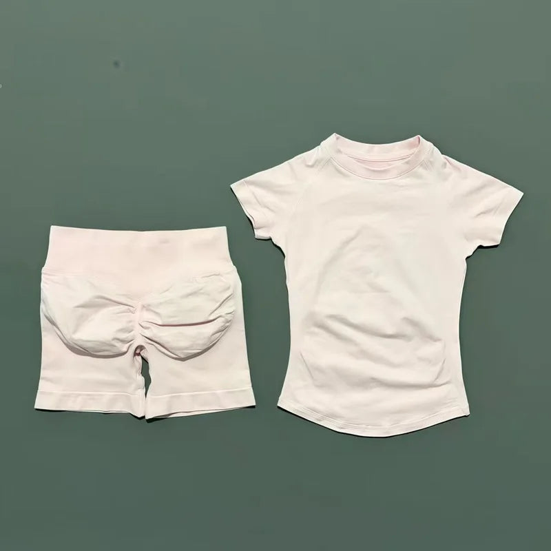 Women's 2-Piece Seamless Workout Set – Short Sleeve Crop Top & High Waist Gym Shorts Activewear