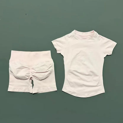 Women's 2-Piece Seamless Workout Set – Short Sleeve Crop Top & High Waist Gym Shorts Activewear