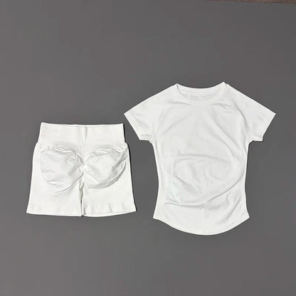 Women's 2-Piece Seamless Workout Set – Short Sleeve Crop Top & High Waist Gym Shorts Activewear