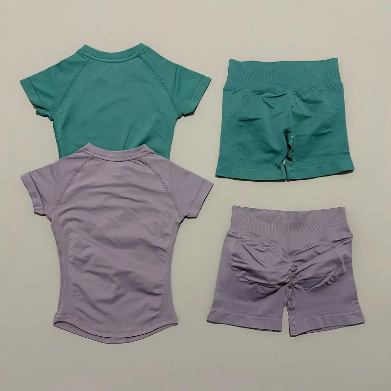 Women's 2-Piece Seamless Workout Set – Short Sleeve Crop Top & High Waist Gym Shorts Activewear