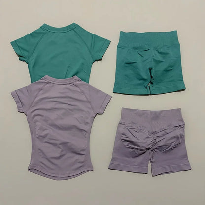 Women's 2-Piece Seamless Workout Set – Short Sleeve Crop Top & High Waist Gym Shorts Activewear