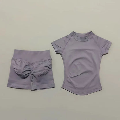 Women's 2-Piece Seamless Workout Set – Short Sleeve Crop Top & High Waist Gym Shorts Activewear