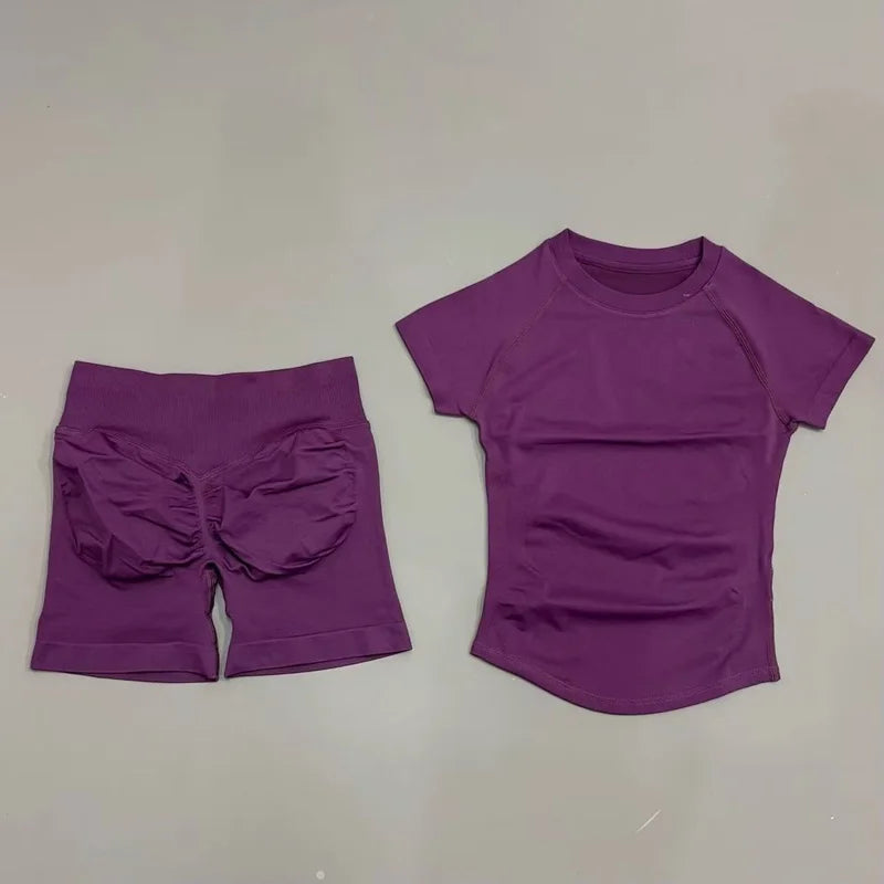Women's 2-Piece Seamless Workout Set – Short Sleeve Crop Top & High Waist Gym Shorts Activewear