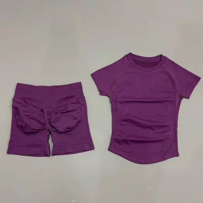 Women's 2-Piece Seamless Workout Set – Short Sleeve Crop Top & High Waist Gym Shorts Activewear
