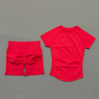 Women's 2-Piece Seamless Workout Set – Short Sleeve Crop Top & High Waist Gym Shorts Activewear