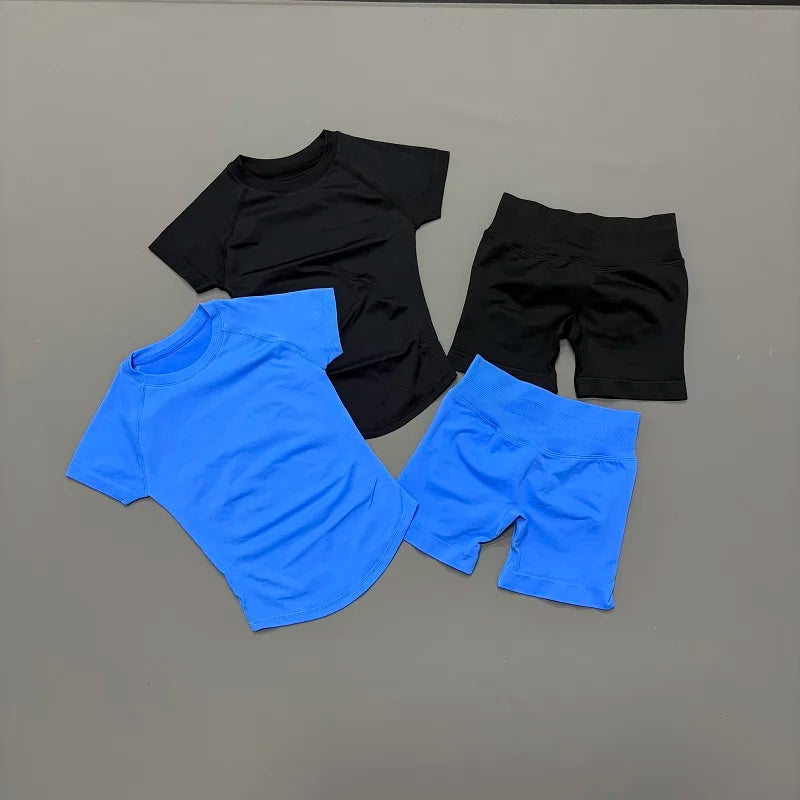 Women's 2-Piece Seamless Workout Set – Short Sleeve Crop Top & High Waist Gym Shorts Activewear
