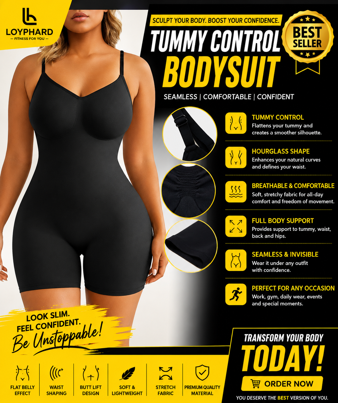 LOYPHARD SculptFit Bodysuit – Seamless Tummy Control & High Waist Shapewear.