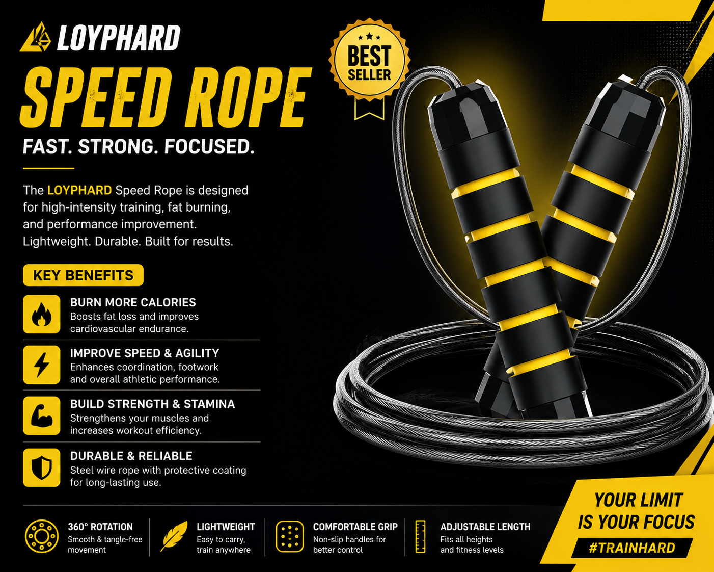 LOYPHARD Tangle-Free Steel Wire Jump Rope Adjustable Fitness Training Rope.